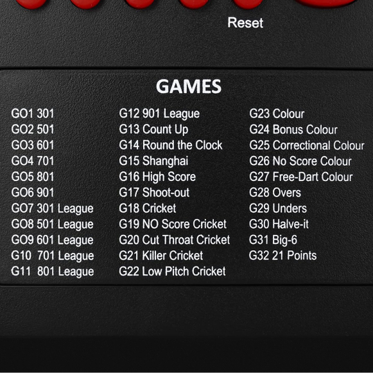 XQMax Dublin Dart Counter Das Bild zeigt eine Spieleliste auf dem XQMax Dublin Dart Counter. Es sind verschiedene Dartspiele mit ihren jeweiligen Spielnummern zu sehen.