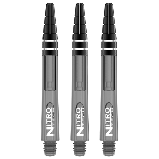Das Bild zeigt drei RedDragon Nitrotech Shafts in schwarzer Tönung. Sie stehen nebeneinander und sind für Dartpfeile gedacht.