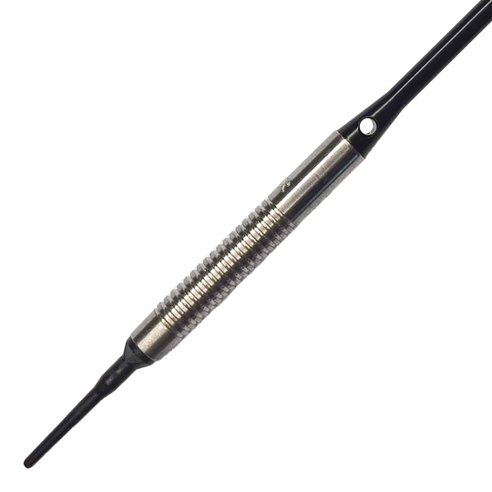 McDart 85 Tungsten V8 Soft Darts - 18.5g Das Bild zeigt einen McDart 85er Tungsten V8 Softdart mit einem Gewicht von 18,5 Gramm. Der Dart besteht aus silberfarbenem Metall mit einer geriffelten Griffzone und einer schwarzen Spitze.
