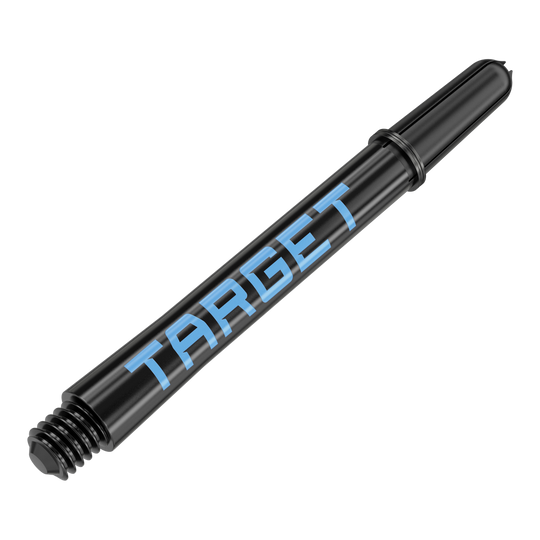 Das Bild zeigt einen schwarzen Dart-Schaft mit blauer Schrift, auf dem "TARGET" steht. Der Schaft hat ein Gewinde am Ende zur Befestigung am Dartpfeil.