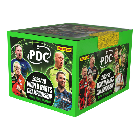 Panini PDC World Darts Championship 2025/26 - Sticker box with 65 packs Dies ist die Panini PDC World Darts Championship 2025/26 Stickerbox mit 65 Tüten. Die Box ist für das Sammeln von Stickern zur Darts-Weltmeisterschaft geeignet.