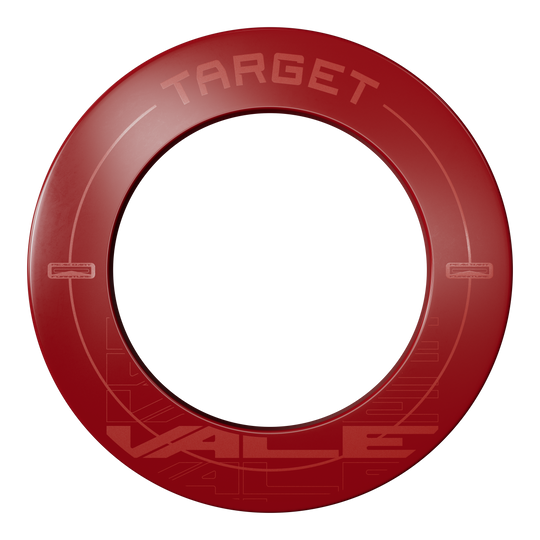 Target VALE Dartboard Surround Das Bild zeigt einen roten Dartboard-Surround mit der Aufschrift "TARGET VALE". Der Surround ist rund und schützt die Wand rund um die Dartscheibe.