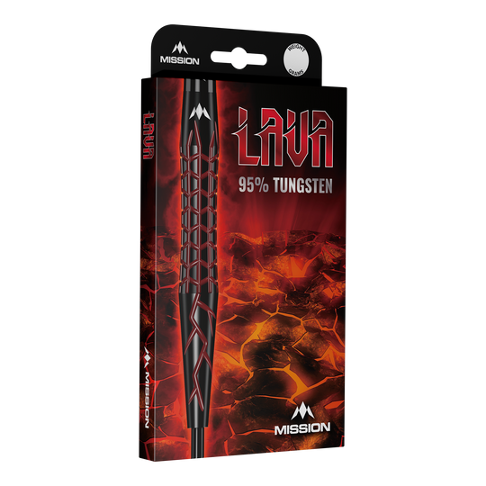 Mission Lava Steeldarts Die Abbildung zeigt die Verpackung der Mission Lava Steeldarts. Auf der Schachtel steht "Lava 95% Tungsten" vor einem feurigen Lava-Hintergrund.
