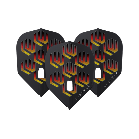 Das Bild zeigt drei schwarze Dart-Flights mit einem auffälligen roten und gelben Muster. Auf jedem Flight steht unten rechts das Wort "L-STYLE".