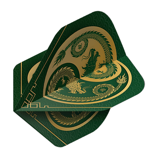 Pentathlon Flights Dragon green Das Bild zeigt die Pentathlon Dragon 3 Standard Flights. Sie sind grün mit einem goldenen Drachenmotiv verziert.