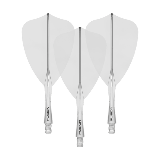 Das Bild zeigt ein Winmau Fusion Flight Shaft System Arrow, klar und 22mm lang. Es handelt sich um ein Set von Schäften für Dartpfeile.