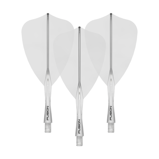 Winmau Fusion Flight Shaft System Arrow Clear Das Bild zeigt ein Winmau Fusion Flight Shaft System Arrow, klar und 22mm lang. Es handelt sich um ein Set von Schäften für Dartpfeile.