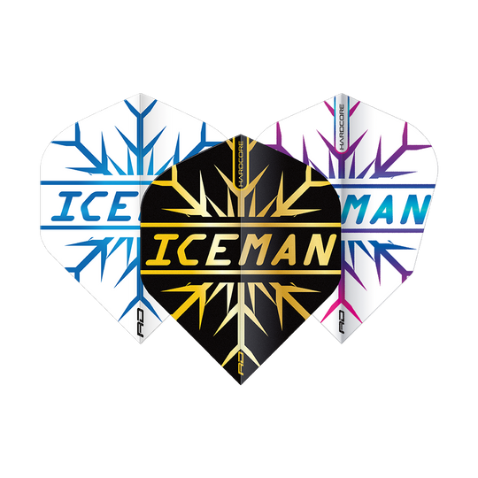 X0808_Red_Dragon_Gerwyn_Price_Hardcore_Flight_Set_1T9edF8pO0R194 Das Bild zeigt das Red Dragon Gerwyn Price Hardcore Flight Set, bestehend aus drei Dart-Flights. Auf jedem Flight steht in großer Schrift das Wort "ICEMAN" und sie haben unterschiedliche Farbkombinationen.