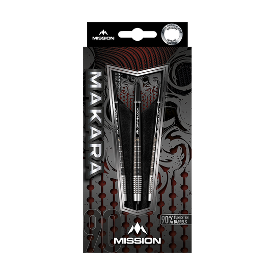 Mission Makara M2 soft darts - 20g Das Bild zeigt die Verpackung der Mission Makara M2 Softdarts mit einem Gewicht von 20g. Die Darts bestehen zu 90 % aus Tungsten und sind ansprechend gestaltet.