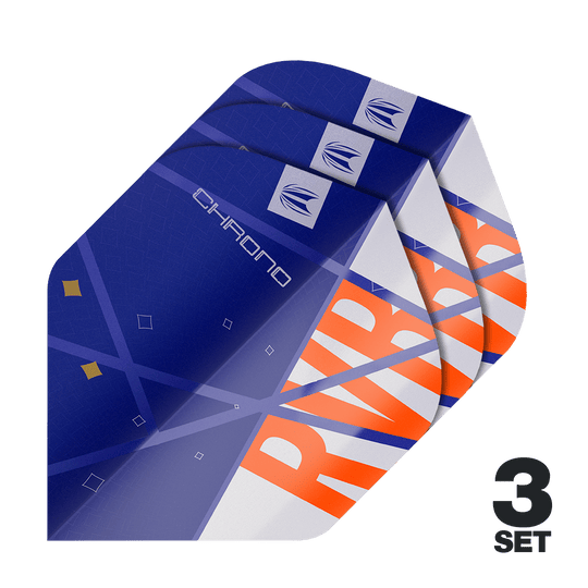 Das Bild zeigt drei Sätze der Target Pro Ultra Raymond Van Barneveld Chrono No2 Standard Flights. Die Flights sind überwiegend blau mit orangefarbenen und weißen Akzenten gestaltet.