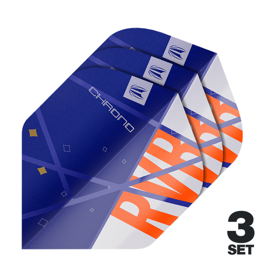 Target Pro Ultra Raymond Van Barneveld Chrono No2 Standard Flights - 3 Sets Das Bild zeigt drei Sätze der Target Pro Ultra Raymond Van Barneveld Chrono No2 Standard Flights. Die Flights sind überwiegend blau mit orangefarbenen und weißen Akzenten gestaltet.