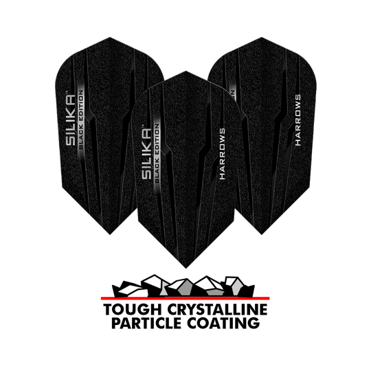 Harrows Silika Black Edition Slim Flights Auf dem Bild sind die Harrows Silika Black-Edition Slim Flights zu sehen. Unten steht der Text „TOUGH CRYSTALLINE PARTICLE COATING“ mit einer Grafik von Kristallen darüber.