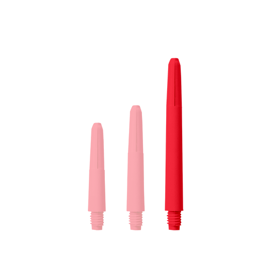 571_Nylon_Shafts_Rot_48mm_1NYXhkud4ojW2V Das Bild zeigt drei rote Nylon Shafts in verschiedenen Längen. Sie sind senkrecht und nebeneinander angeordnet.
