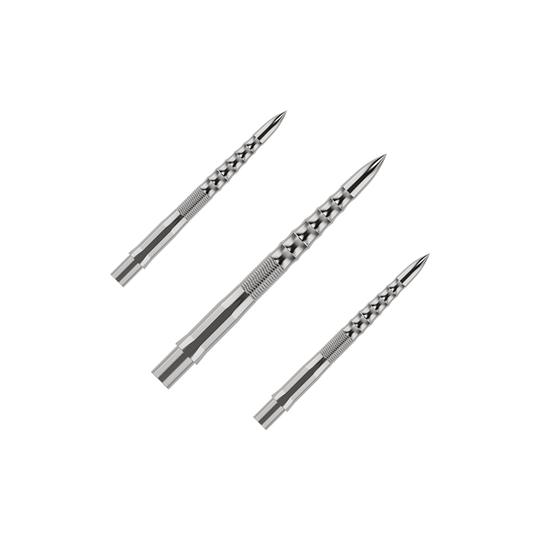 Mission Caliburn EVO dart tips - Ripple - Silver Auf dem Bild sind drei silberne Steeldartspitzen mit einem strukturierten Griff zu sehen. Sie sind in einem Set angeordnet und haben ein modernes, geriffeltes Design.