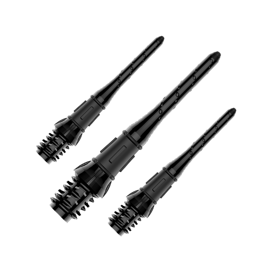 Premium Lippoints (30er Pack) - Spitzen Das Bild zeigt drei schwarze Dartspitzen, die nebeneinander angeordnet sind. Sie haben eine strukturierte, geriffelte Basis und eine glatte, längliche Spitze.