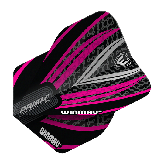 Winmau Prism Delta Black White Pink No. 2 Standard Flights Das Bild zeigt ein Winmau Prism Delta No2 Standard Dartflight in den Farben Schwarz, Weiß und Pink. Das Flight hat ein auffälliges, modernes Design mit grafischen Mustern und dem Winmau-Logo.
