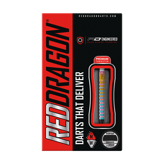 RD2517_Red_Dragon_Javelin_Spectron_Softdarts_3 Auf dem Bild ist die Verpackung der "Red Dragon Javelin Spectron Softdarts - 20g" zu sehen. Die Verpackung ist schwarz-rot und zeigt einen Dartpfeil mit farbigen Ringen im Sichtfenster.