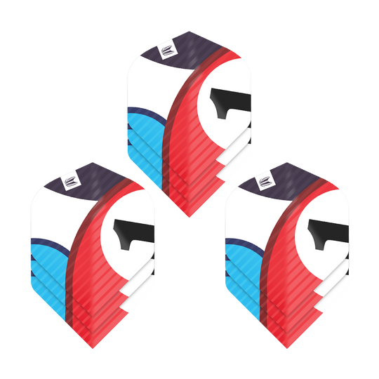 Das Bild zeigt drei Sätze Target Pro Ultra Chicane Blue No2 Standard Flights für Dartpfeile. Die Flights haben ein auffälliges Design in Blau, Rot, Schwarz und Weiß.