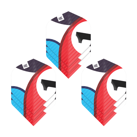 337216_Target_ProUltra_3Sets_Chicane_Blue_No2_Standard_Flights_1pjeWPn0fnisYW Das Bild zeigt drei Sätze Target Pro Ultra Chicane Blue No2 Standard Flights für Dartpfeile. Die Flights haben ein auffälliges Design in Blau, Rot, Schwarz und Weiß.