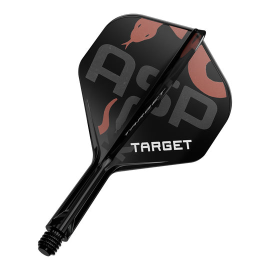 Target K-Flex Nathan Aspinall No2 Standard Flight Shaft System Das Bild zeigt ein schwarzes Dart-Flügel- und Schaftsystem mit der Aufschrift "TARGET". Auf dem Flügel sind zudem die Buchstaben "Asp" sowie eine Schlangenabbildung zu sehen.