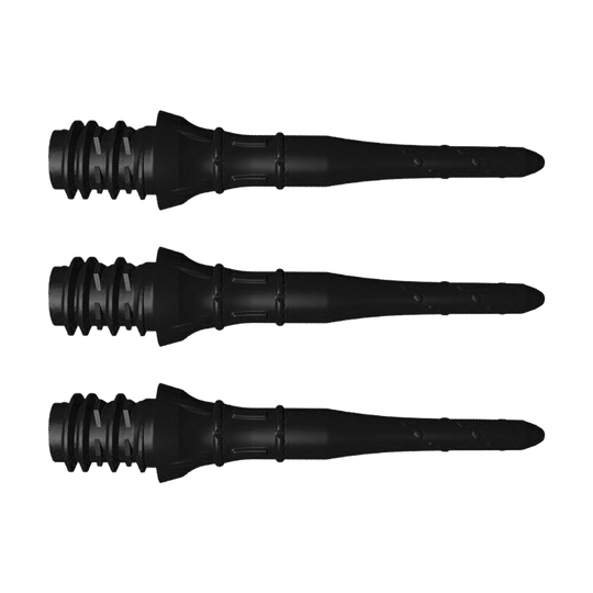LIP39_L-Style_Premium_Lippoints_Short_Schwarz_1 Auf dem Bild sind drei schwarze L-Style Premium Lippoints Short zu sehen. Diese kurzen Spitzen werden im 30er Pack für Softdarts angeboten.
