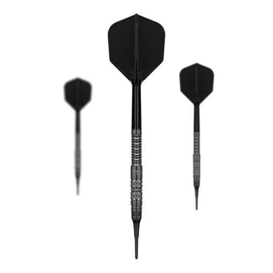 Dieses Bild zeigt das Set der Target Black Marque Creed Softdarts mit 21,5g. Mehrere Komponenten des Dartsets sind deutlich erkennbar.
