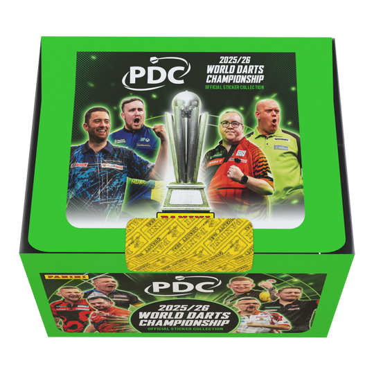Die Panini PDC World Darts Championship 2025/26 Stickerbox mit 65 Tüten ist zu sehen. Das Bild gibt einen Überblick über die Verpackung und den Inhalt der Box.