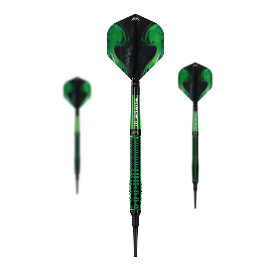 Mission Venom Softdarts - 20g Das Bild zeigt drei grüne Mission Venom Softdarts mit schwarzen Akzenten. Die Darts haben ein Gewicht von 20 Gramm und ein auffälliges Schlangenmuster auf den Flights.