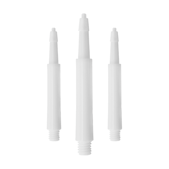 HRC12619W_Harrows_Clic_Standard_Shafts_Weiss_37mm_1 Das Bild zeigt drei weiße Harrows Clic Standard Shafts für Darts. Sie sind nebeneinander auf weißem Hintergrund angeordnet.