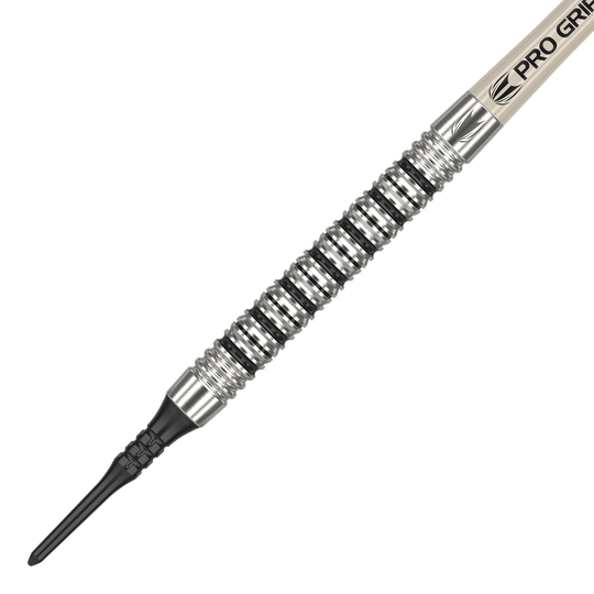 Target EXO 11 Soft Darts Das Bild zeigt den Target EXO 11 Softdart. Der Dart hat eine silberne, gerillte Griffzone und eine schwarze Kunststoffspitze.