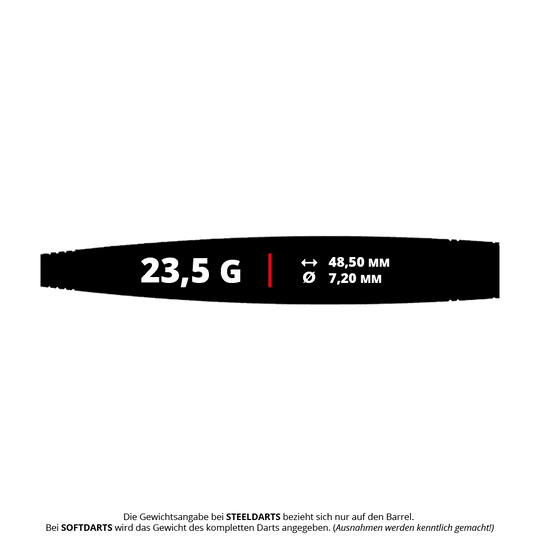 Abgebildet ist der Caliburn Chord C2 Steeldart mit einem Gewicht von 23,5g. Der Dart eignet sich für ambitionierte Spieler und hat ein schlankes Design.