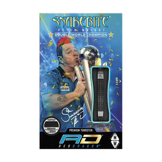 RD2411_Red_Dragon_Peter_Wright_Double_World_Champion_SE_Black_Softdarts_3 Die Verpackung zeigt die "Red Dragon Peter Wright Double World Champion SE Black Softdarts - 20g" mit einem Bild von Peter Wright und seinem Weltmeistertitel. Ein Dartpfeil ist durch ein Sichtfenster sichtbar dargestellt.