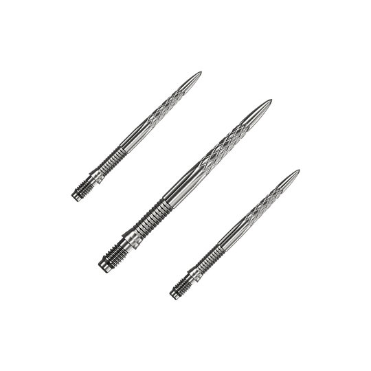 Mission R2.5 Rapid Point DSX Dart Tips - Silver Das Bild zeigt Mission R25 Rapid Point DSX Dartspitzen in Silber mit einer Länge von 30mm, als Set verpackt. Die Dartspitzen sind speziell für den Dartsport entwickelt.