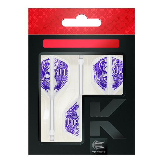 Die Abbildung zeigt das Produkt „Target Japan K-Flex Keita Ono Solo No6 Flight-Shaft-System“. In der Verpackung sind weiße Dart-Flights mit violettem Löwenmotiv und Beschriftung zu sehen.
