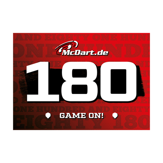 698_McDart_180er_Schilder_10_Stk_2 Das Bild zeigt ein rotes Schild mit der großen, weißen Zahl "180" in der Mitte. Oben steht "McDart.de" und unten der Schriftzug "GAME ON!".