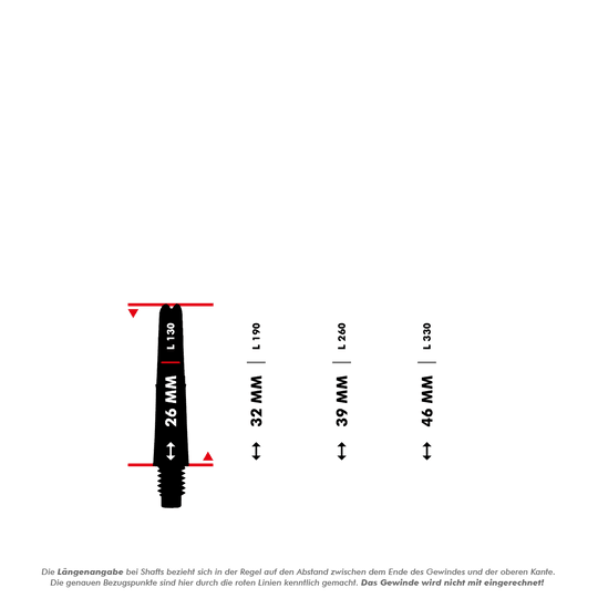 L-L-Style-Shafts Locked Straight - Clear Black Das Bild zeigt vier verschiedene Längen von Dartshafts mit den Abmessungen 26 mm, 32 mm, 39 mm und 46 mm. Die rote Linie markiert, dass die Längenangabe ohne das Gewinde gemessen wird.