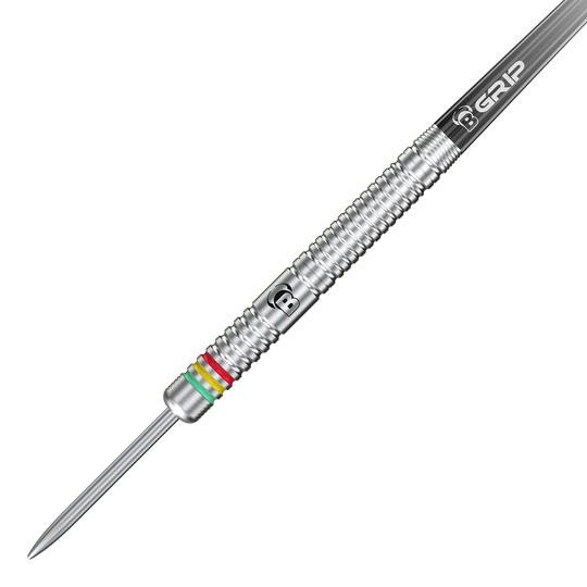 Bulls Martijn Dragt Steel Darts - 24g Das Bild zeigt einen silbernen Steeldart mit Rillen und bunten Ringen nahe der Spitze. Auf dem Dart steht "B GRIP" und es handelt sich um das Modell "Bulls Martijn Dragt Steeldarts - 24g".