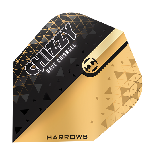 Das Bild zeigt ein Dartflight-Design in Schwarz und Gold mit geometrischen Mustern. Auf dem Flight stehen die Namen "CHIZZY", "Dave Chisnall" und "HARROWS".