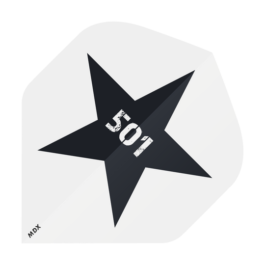 MD-401-4SLog_4-seitig_Bedruckte_Flights_Logo_MDX_3 Das Bild zeigt einen schwarzen Stern auf weißem Hintergrund mit der Zahl "501" in der Mitte. In der unteren linken Ecke steht klein der Schriftzug "MDX".