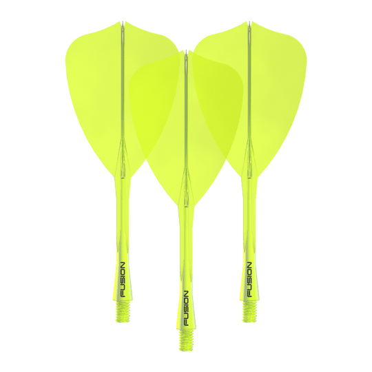 Das Bild zeigt das Winmau Fusion Flight Shaft System Arrow Set in Neongelb mit einer Länge von 34 mm. Es handelt sich um ein Set für Dartpfeile.