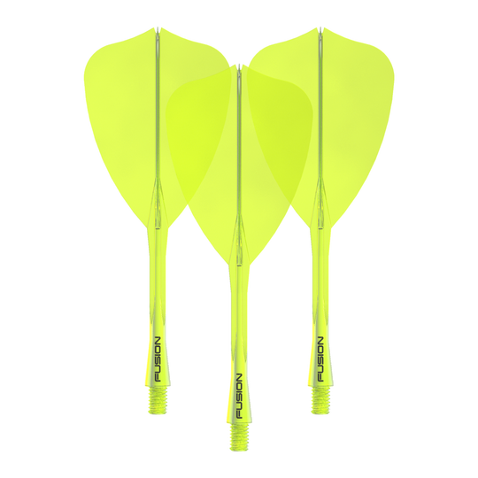 Winmau Fusion Flight Shaft System Arrow Neon Yellow Das Bild zeigt das Winmau Fusion Flight Shaft System Arrow Set in Neongelb mit einer Länge von 34 mm. Es handelt sich um ein Set für Dartpfeile.