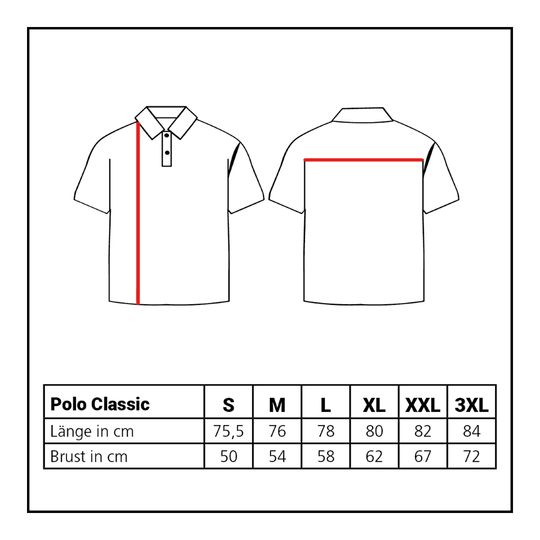 Das Bild zeigt das Löwen Kollektion Polo Classic. Dargestellt wird eine Übersicht oder Tabelle des Poloshirts.