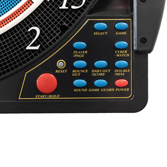 Das Bild zeigt einen Ausschnitt der elektronischen Dartscheibe Karella CB 50 Turnierausführung mit verschiedenen farbigen Bedientasten. Die Tasten sind beschriftet mit Funktionen wie "START/HOLD", "RESET", "GAME" und "SOUND".