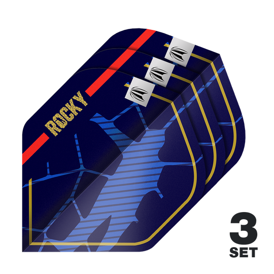 Target Pro Ultra Josh Rock GEN1 No2 Standard Flights - 3 Sets Das Bild zeigt drei Sätze dunkler Dartflights mit dem Schriftzug "ROCKY" und einem auffälligen blauen Muster. In der rechten unteren Ecke steht die Aufschrift "3 SET".