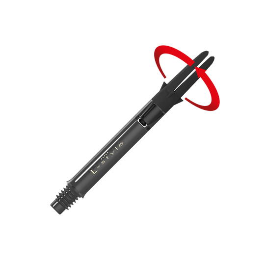 Das Bild zeigt einen schwarzen Dart-Schaft aus Carbon der Marke L-Style. Am oberen Ende ist ein roter, drehender Bewegungseffekt dargestellt.