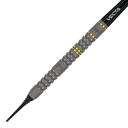 Winmau Michael Van Gerwen Evo-X soft darts - 20g Das Bild zeigt einen Winmau Michael Van Gerwen Evo-X Softdart mit einem Gewicht von 20 Gramm. Der Dart hat ein markantes Design mit silbernen und goldenen Akzenten sowie der Aufschrift "VECTA".