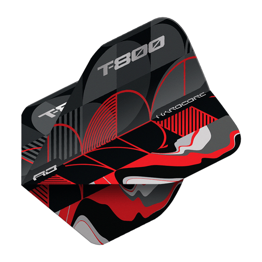 Das Bild zeigt das Produkt "Red Dragon Hardcore T-800 No2 Standard Flights". Die Flights sind schwarz, rot und grau gemustert und tragen die Aufschrift "T-800" und "Hardcore".