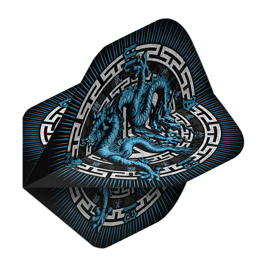 Dieses Bild zeigt die "Alchemy Year Of The Dragon No2 Standard Flights". Auf den Flights ist ein blauer Drache mit asiatischem Muster auf schwarzem Hintergrund abgebildet.
