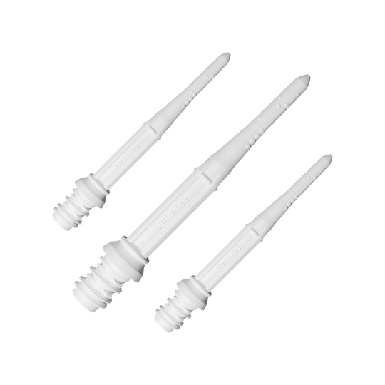 LIP43_L-Style_Premium_Lippoints_30_Softdartspitzen_30erPack_Weiss_1 Das Bild zeigt drei weiße Softdartspitzen in einer Nahaufnahme. Die Spitzen haben eine glatte Oberfläche mit kleinen Vertiefungen und einem Schraubgewinde am Ende.