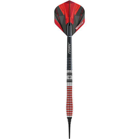 2452_Winmau_Dennis_Priestley_Special_Edition_Softdarts_1m32BpDsm2rHxl Das Bild zeigt den Winmau Dennis Priestley Special Edition Softdart mit einem Gewicht von 22g. Der Dart hat ein auffälliges rotes und schwarzes Design und eine strukturierte Griffzone.